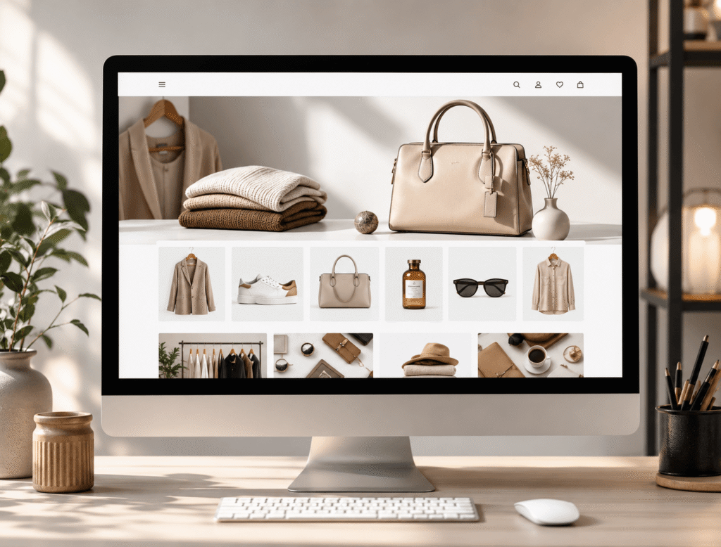 Screen of desktop computer depicting a modern ecommerce website Design