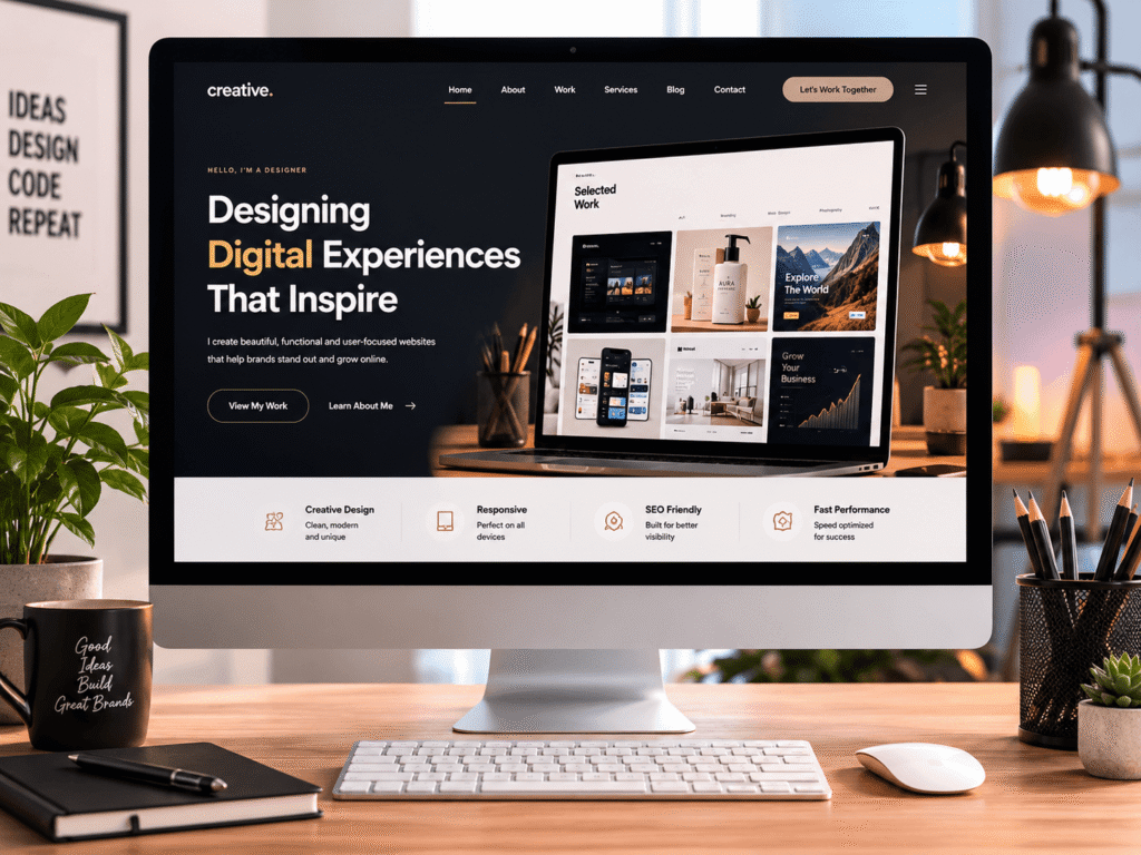 Modern desktop showing a professional portfolio website design on screen