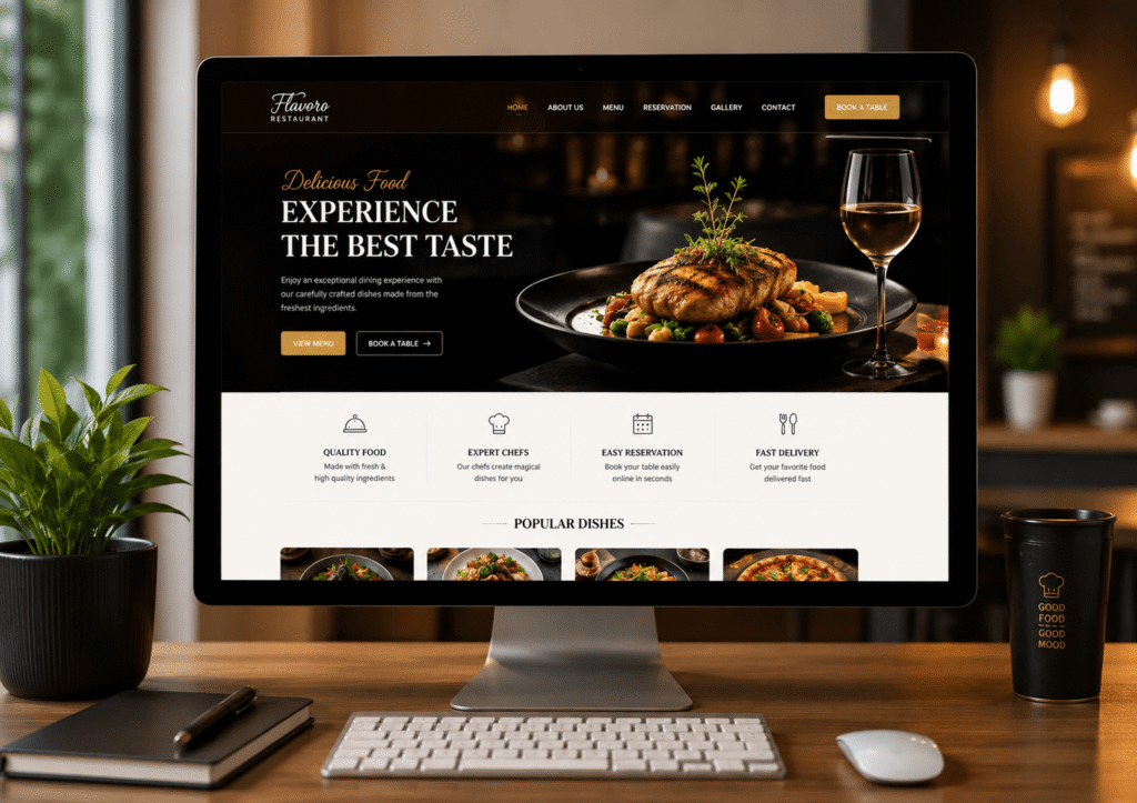 Desktop screen displaying a modern restaurant website design with menu and reservation section
