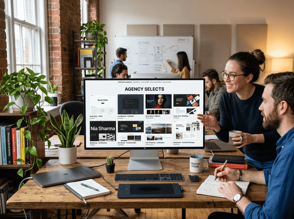 Multiple portfolio website designs shown on a desktop screen for different professionals