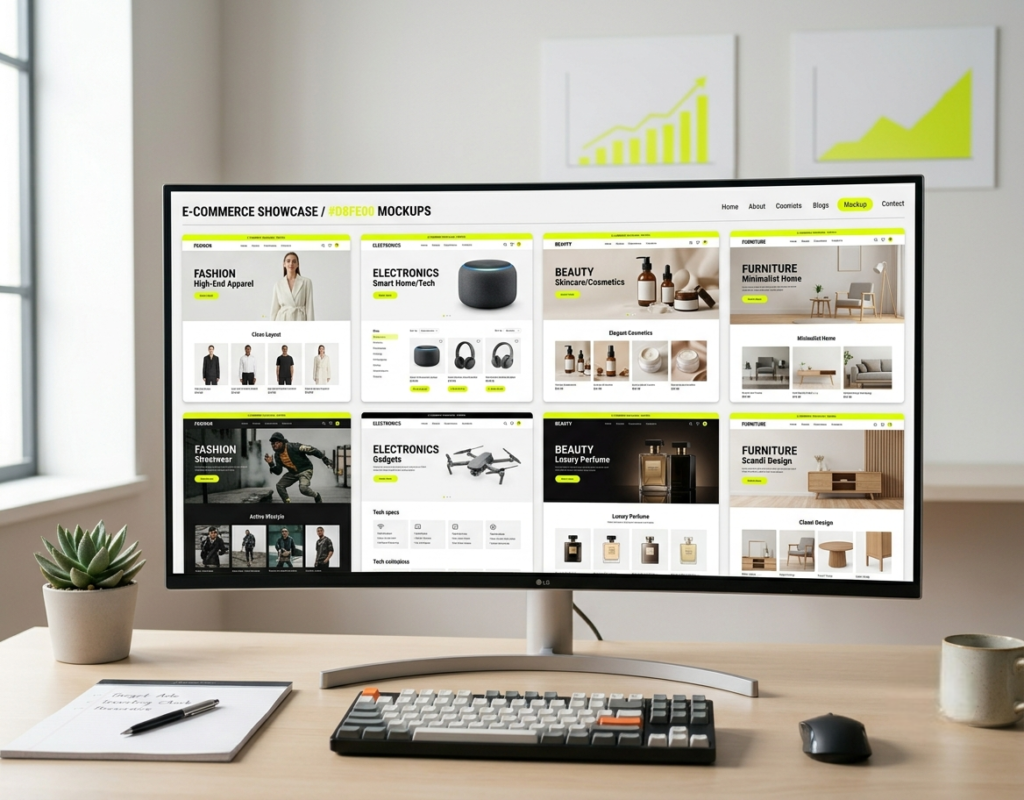 Screens of different ecommerce website designs on desktop computer