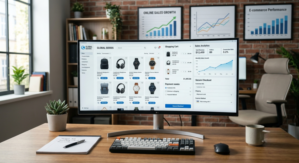 Screen of desktop computer depicting modern ecommerce website with products and checkout options