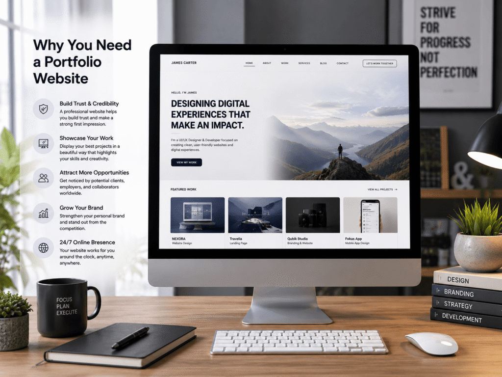 Desktop screen displaying a portfolio website design with project showcase layout