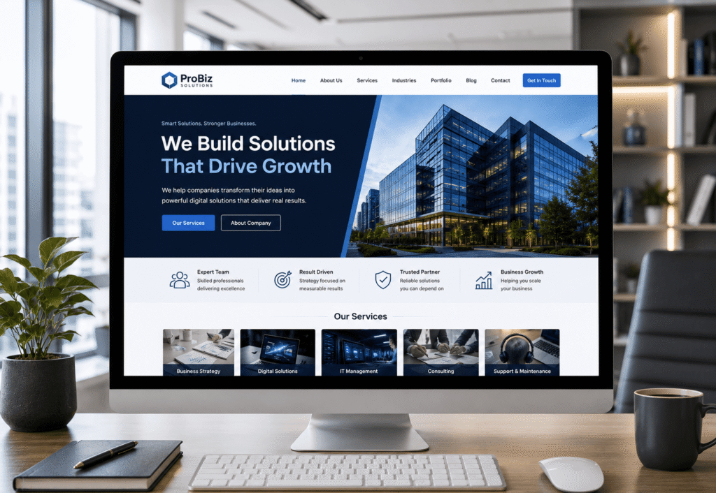 Desktop screen showing a new website of a company with its business services, about section and contacts page
