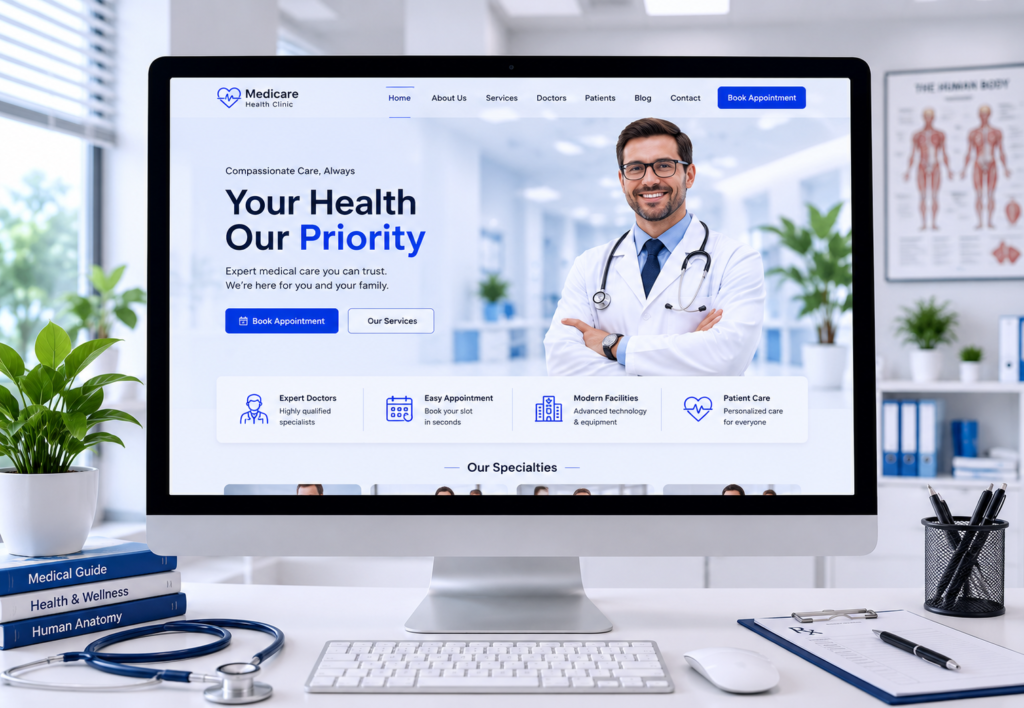 Desktop screen displaying a modern doctor website design with appointment booking and medical services