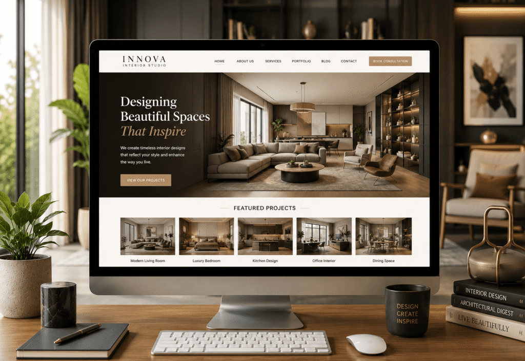 Interior design website on desktop, with galleries and design services pages.