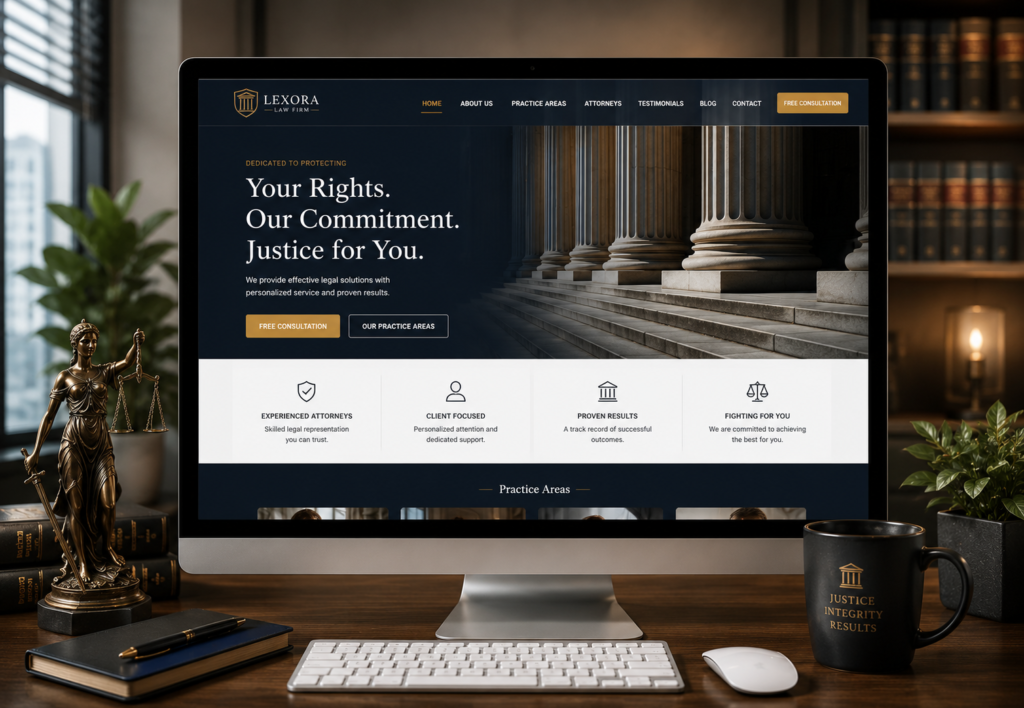 Desktop screen displaying a modern law firm website with legal services and consultation page