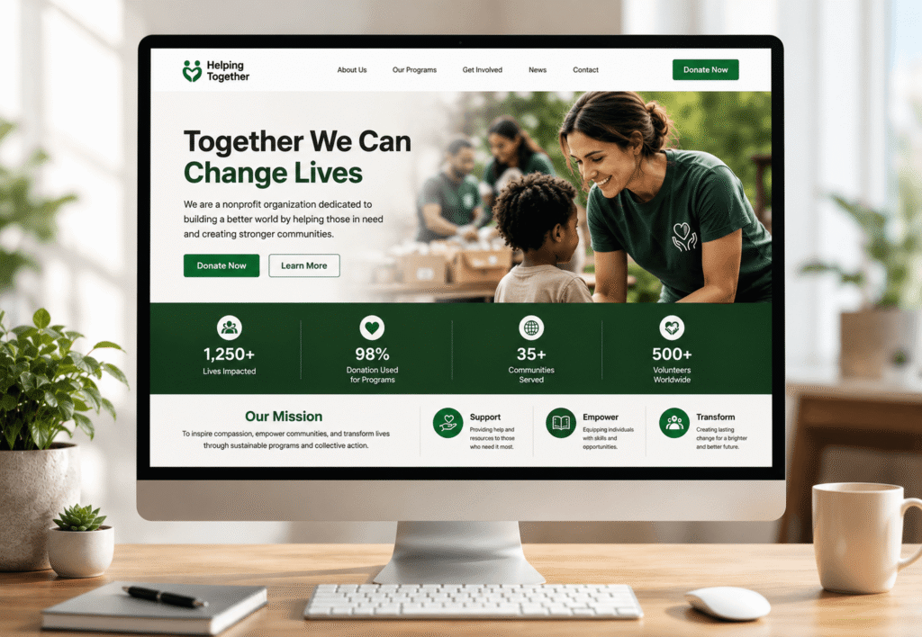 Professional Nonprofit Website on Desktop Showing Donation Page, Volunteer Program, and Community Impact