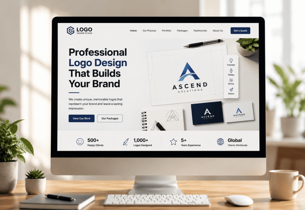 The contemporary PC computer demonstrating a logo design professional website.