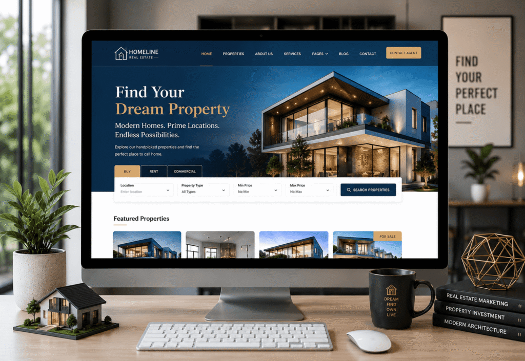 Desktop screen with a modern real estate website having listing details and home search options