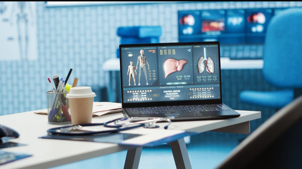 Website of modern doctor displayed on the desktop computer that provides healthcare services and scheduling options.