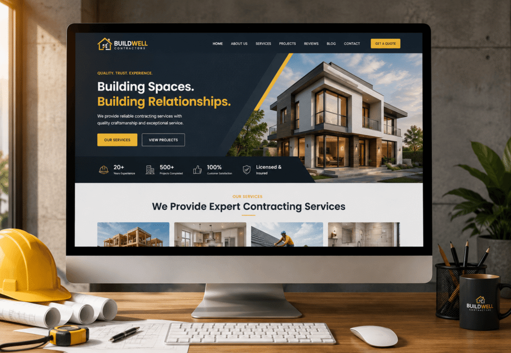 Desktop view of the Professional Contractor Website for a modern contractor and construction business