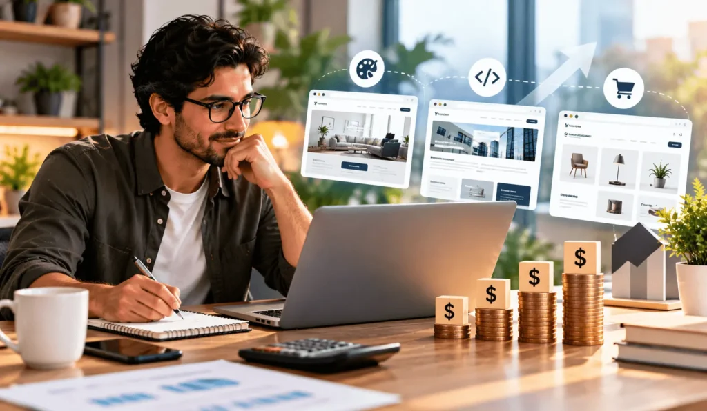 Small business owner reviewing website design options and pricing on a laptop, with website mockups and rising stacks of coins representing website development costs.