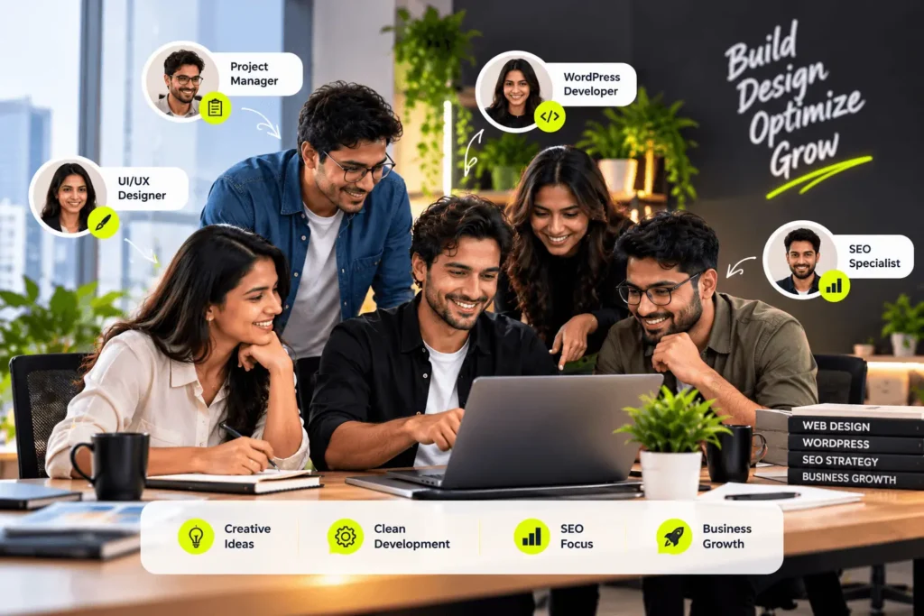 Illustration of a collaborative web design team working on a laptop, highlighting UI/UX design, WordPress development, project management, and SEO expertise.