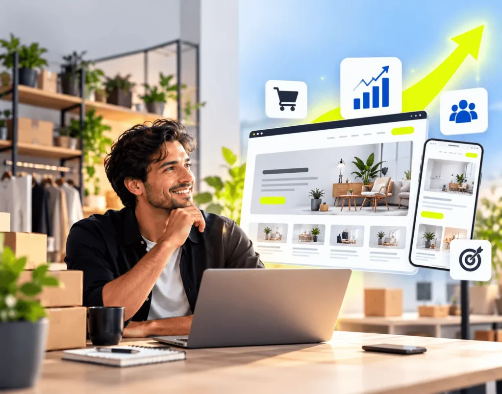 Small business owner using a laptop alongside desktop and mobile website designs, with growth, ecommerce, and customer engagement icons.