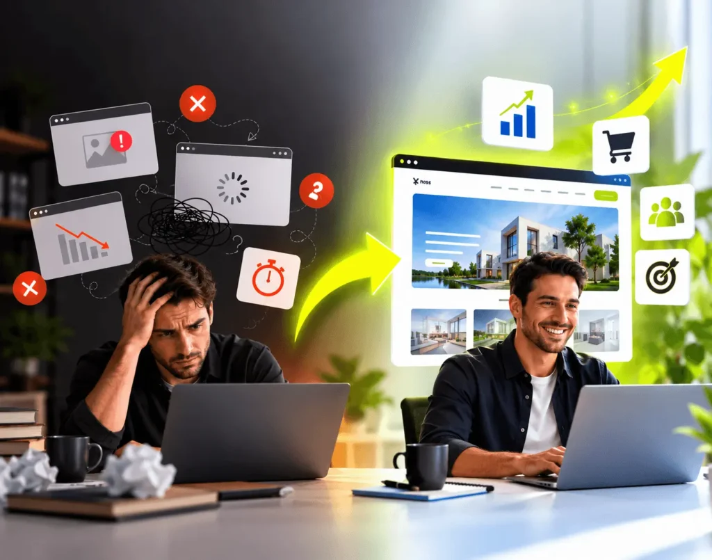 Before-and-after illustration showing common website problems transforming into a modern, user-friendly website with improved design, analytics, and business growth.