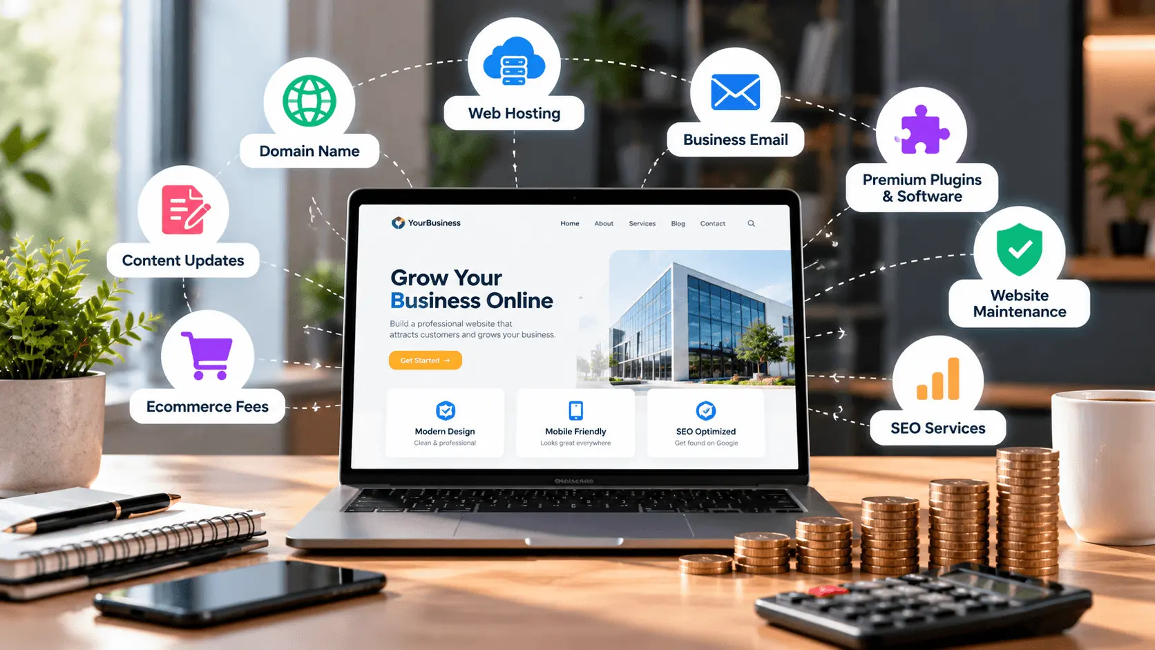 Realistic laptop displaying a business website surrounded by icons for domain registration, web hosting, business email, premium plugins, website maintenance, SEO services, content updates, and ecommerce fees, illustrating ongoing website costs.